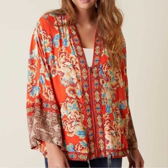 Free People Jackets & Blazers - Free People WILDFLOWER Kimono Red Orange Floral V Neck Zip Front Boho Jacket